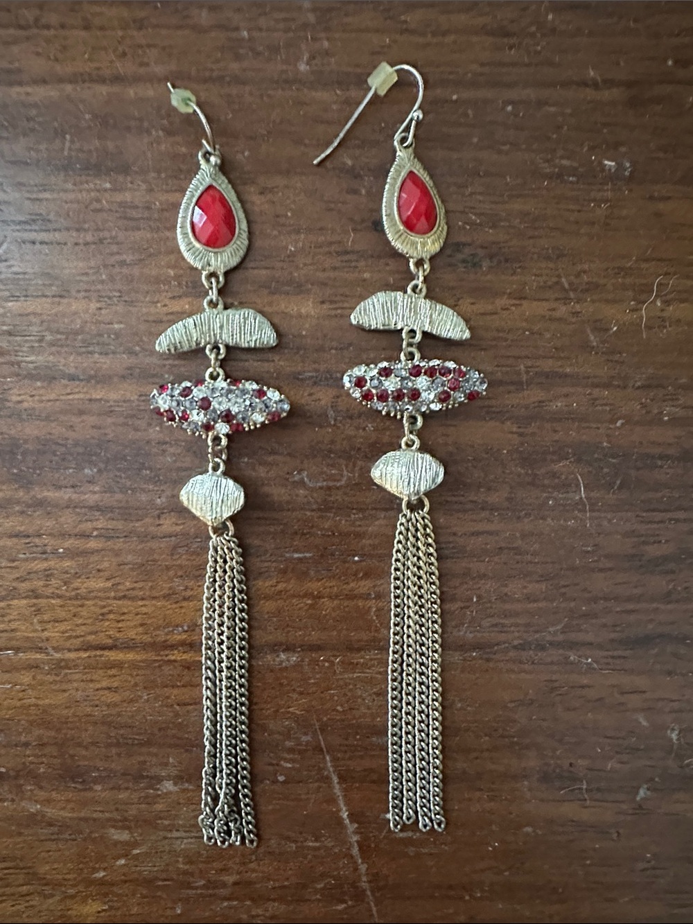 Boho Antique Gold Red Cabochon Rhinestone Tiered Chain Tassel Drop Earrings